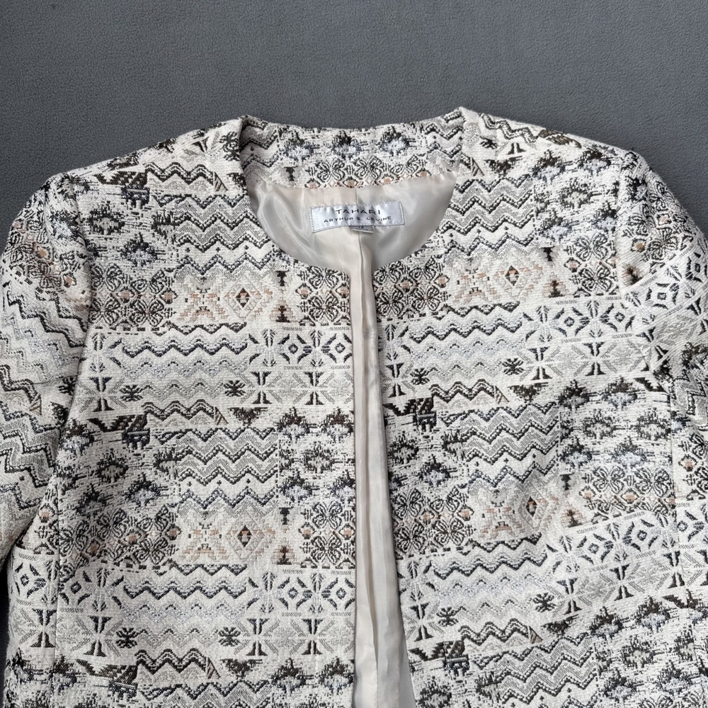 Tahari Arthur Levine Jacket Womens 12 Cream Multicolor‎ Textured Lined Cropped - Picture 3 of 16
